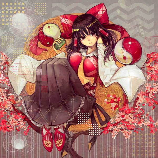 Anime picture 1403x1403 with touhou hakurei reimu kimiterary single long hair looking at viewer black hair red eyes sitting miko girl dress flower (flowers) bow hair bow