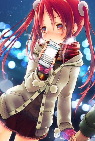 Anime picture 1014x1500 with original kuromaru long hair tall image blush red eyes twintails red hair holding hands snowing winter exhalation girl skirt jacket scarf mobile phone smartphone phone