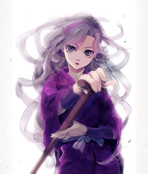 Anime picture 1200x1415 with rakudai ninja rantarou ayabe kihachirou ihiro single long hair tall image looking at viewer open mouth simple background standing white background purple eyes holding purple hair traditional clothes japanese clothes fingernails wavy hair boy hairband