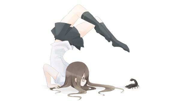 Anime picture 1500x844 with original tansuke single long hair simple background brown hair wide image white background brown eyes profile pleated skirt no shoes face to face scorpion chest stand girl skirt shirt socks glasses