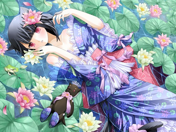 Anime picture 1024x768 with original kanzaki miku kuroinu single short hair black hair red eyes animal ears lying japanese clothes cat ears cat tail girl flower (flowers) water belt kimono water lily