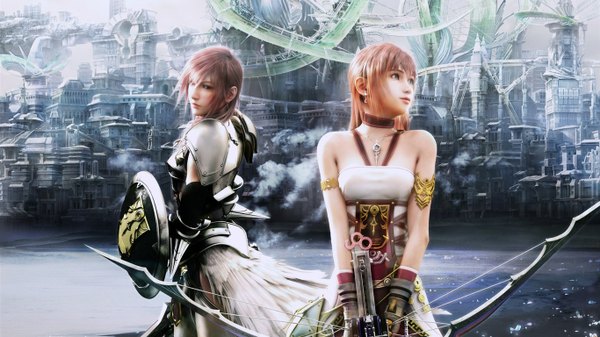 Anime picture 1366x768 with final fantasy xiii lightning farron short hair blue eyes brown hair wide image bare shoulders pink hair realistic girl earrings armor pendant bow (weapon) shield