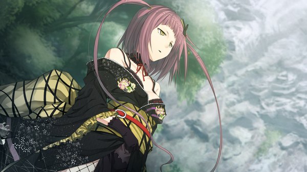 Anime picture 2560x1440 with monobeno cura long hair highres wide image yellow eyes game cg purple hair japanese clothes girl gloves kimono obi