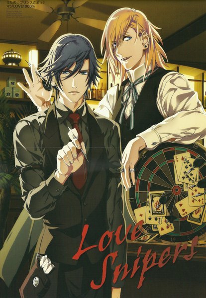 Anime picture 2314x3351 with uta no prince-sama a-1 pictures jinguji ren ichinose tokiya long hair tall image highres short hair blue eyes blonde hair standing aqua eyes grey hair scan multiple boys boy plant (plants) earrings shirt necktie