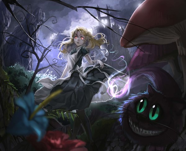 Anime picture 3569x2894 with alice in wonderland original alice (wonderland) cheshire cat tsukun112 long hair looking at viewer highres blonde hair absurdres pink eyes girl thighhighs dress flower (flowers) bow black thighhighs plant (plants) animal tree (trees)