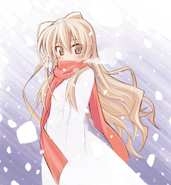 Anime picture 1267x1374 with toradora j.c. staff aisaka taiga single long hair tall image blonde hair snowing winter exhalation girl scarf coat
