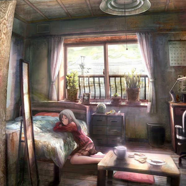 Anime picture 800x800 with original shirakaba single long hair looking at viewer fringe sitting indoors barefoot grey hair bare legs grey eyes legs steam girl skirt plant (plants) window pillow bed
