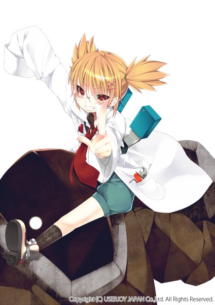 Anime picture 867x1227 with seikon no el dorado dehitella skull.03 single tall image short hair simple background blonde hair red eyes white background sitting twintails short twintails pointing girl socks glasses shoes black socks labcoat