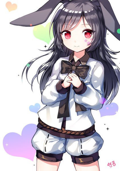 Anime picture 650x928 with mechuragi single long hair tall image looking at viewer fringe black hair red eyes signed animal ears light smile bunny ears shiny girl shorts heart bowtie white shorts
