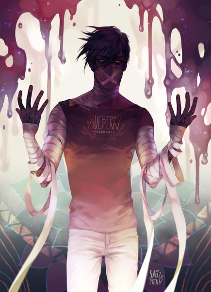 Anime picture 1087x1500 with original saiprin single tall image fringe short hair black hair hair between eyes standing green eyes signed dark skin covered mouth boy bandage (bandages) jeans tank top