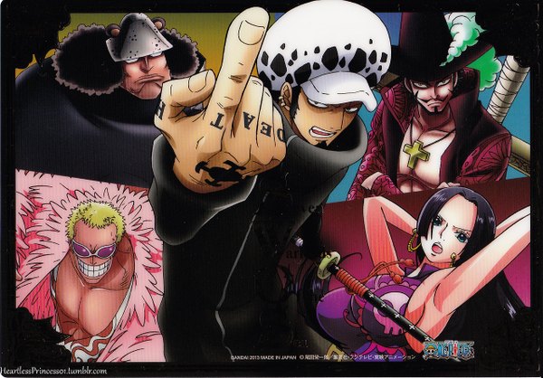 Anime picture 1280x892 with one piece toei animation boa hancock trafalgar law donquixote doflamingo dracule mihawk bartholomew kuma looking at viewer breasts open mouth blue eyes black hair blonde hair smile large breasts animal ears traditional clothes japanese clothes open clothes arms up