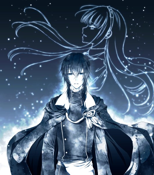 Anime picture 1214x1374 with clock zero idea factory kurou nadeshiko hourousha wanderer (clock zero) long hair tall image looking at viewer short hair blue eyes black hair standing blue hair sky profile couple pale skin silhouette girl boy