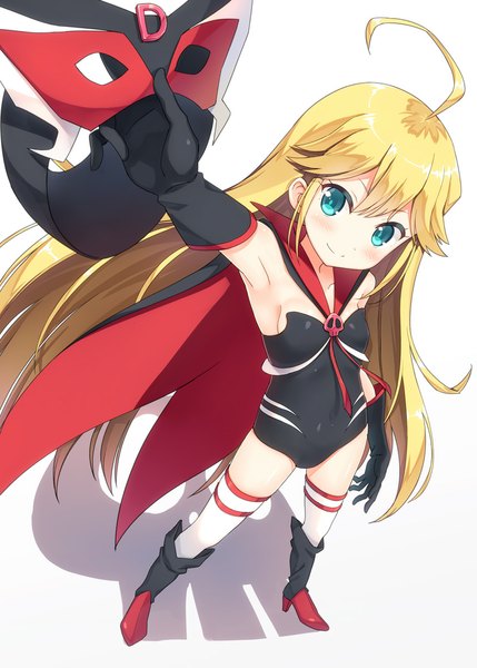 Anime picture 800x1119 with yoru no yatterman leopard (yoru no yatterman) hyuuga azuri single long hair tall image looking at viewer blush simple background blonde hair white background ahoge arm up armpit (armpits) high heels girl gloves black gloves boots cape
