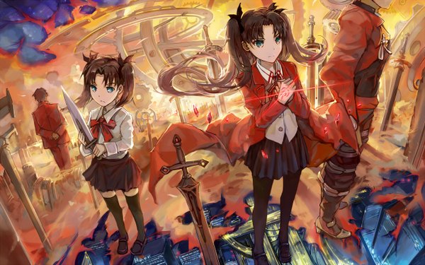 Anime picture 1298x812 with fate (series) fate/stay night type-moon toosaka rin archer (fate) toosaka tokiomi d.b.spark long hair fringe short hair brown hair standing twintails multiple girls holding pleated skirt aqua eyes from behind zettai ryouiki magic