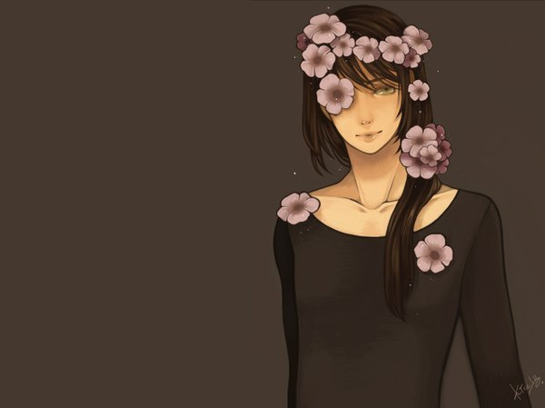 Anime picture 1278x957 with original 29kiccyo single long hair simple background brown hair standing yellow eyes hair flower grey background dark background looking up boy hair ornament flower (flowers) wreath