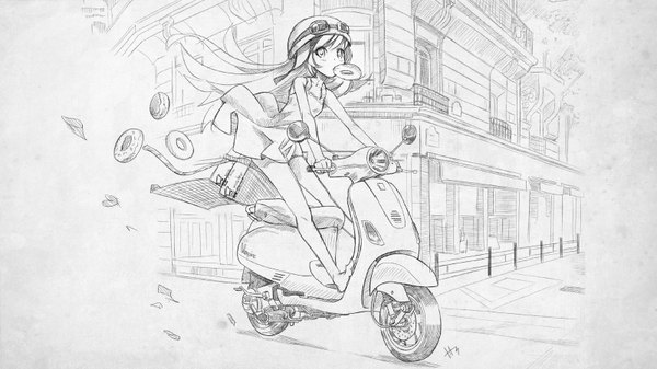 Anime picture 1600x900 with bakemonogatari shaft (studio) monogatari (series) oshino shinobu tagme (artist) single long hair blush wide image signed monochrome girl food ground vehicle goggles helmet motorcycle doughnut motorcycle helmet scooter