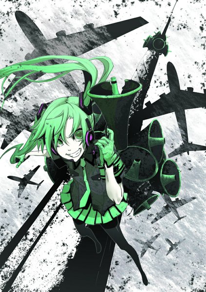 Anime picture 779x1106 with vocaloid koi wa sensou (vocaloid) hatsune miku shiro (artist) single long hair tall image looking at viewer fringe smile twintails holding green eyes pleated skirt green hair from above girl skirt gloves shirt