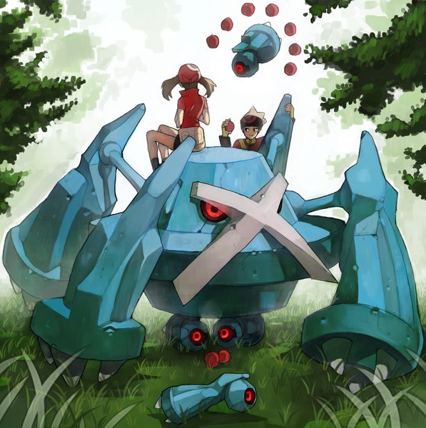 Anime picture 1196x1203 with pokemon pokemon rse nintendo may (pokemon) ruby (pokemon) metagross beldum arutera tall image short hair smile brown hair sitting twintails from behind gen 3 pokemon girl boy plant (plants) tree (trees)