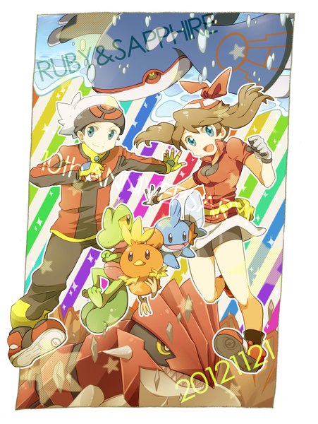 Anime picture 1120x1491 with pokemon pokemon rse nintendo may (pokemon) mudkip torchic ruby (pokemon) treecko kyogre groudon nago celica long hair tall image open mouth blue eyes smile brown hair looking away inscription framed