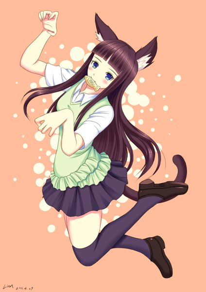 Anime picture 2480x3507 with original xiao lian single long hair tall image looking at viewer blush highres blue eyes black hair animal ears tail animal tail girl thighhighs skirt black thighhighs