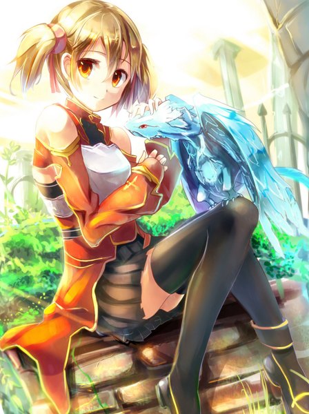Anime picture 1277x1710 with sword art online a-1 pictures silica sakura ani tall image short hair blonde hair red eyes sitting twintails short twintails girl thighhighs skirt ribbon (ribbons) black thighhighs hair ribbon detached sleeves miniskirt dragon
