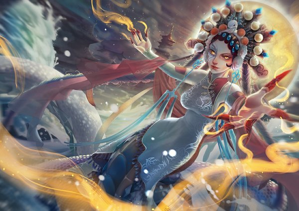 Anime picture 1114x788 with league of legends cassiopeia (league of legends) jue (artist) single looking at viewer black hair yellow eyes tail very long hair lips tattoo chinese clothes snake tail lamia girl headdress chinese dress