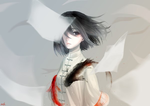 Anime picture 3507x2480 with original guan tang baozi single fringe highres short hair black hair looking away absurdres traditional clothes lips black eyes grey background mole mole under eye chinese clothes girl animal fish (fishes) paper