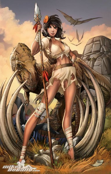 Anime picture 614x960 with squirrelshaver single tall image short hair blue eyes light erotic black hair lips bare belly legs hand on hip girl weapon spear dinosaur