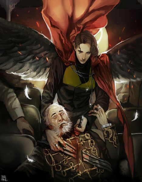 Anime picture 900x1154 with original alle page tall image looking at viewer short hair brown hair sitting signed white hair black eyes angel wings death old man boy uniform weapon wings pendant blood feather (feathers)