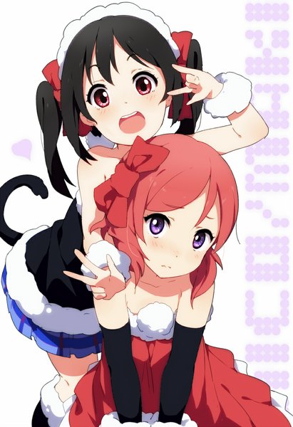 Anime picture 800x1167 with love live! school idol project sunrise (studio) love live! nishikino maki yazawa nico ogipote long hair tall image blush short hair open mouth black hair red eyes purple eyes twintails multiple girls pink hair tail animal tail cat tail
