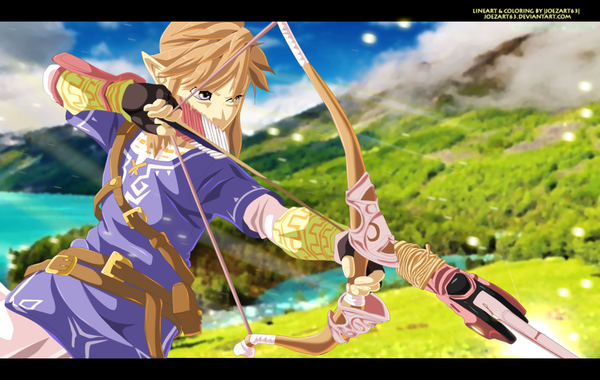 Anime picture 3556x2256 with the legend of zelda the legend of zelda: breath of the wild nintendo link joezart63 single highres short hair brown hair absurdres sky cloud (clouds) pink eyes pointy ears coloring letterboxed mountain river boy gloves