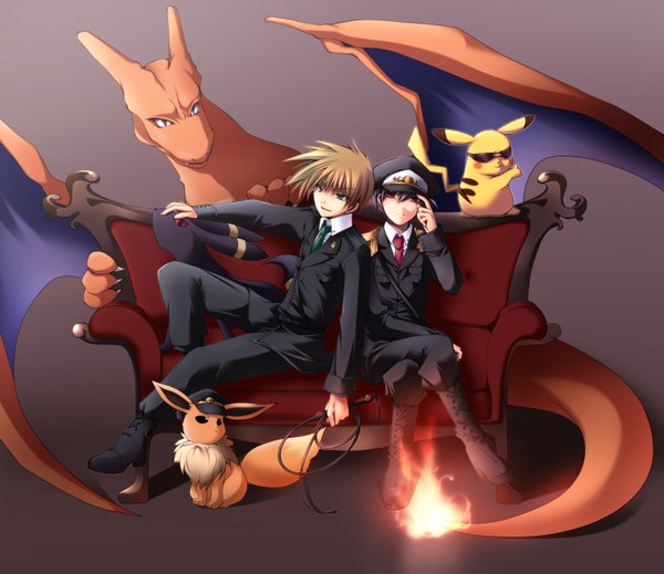 Anime picture 1500x1299 with pokemon nintendo pikachu red (pokemon) eevee umbreon charizard green (pokemon) mayo kichi (artist) short hair black hair red eyes brown hair sitting green eyes alternate costume lacing gen 1 pokemon gen 2 pokemon boy