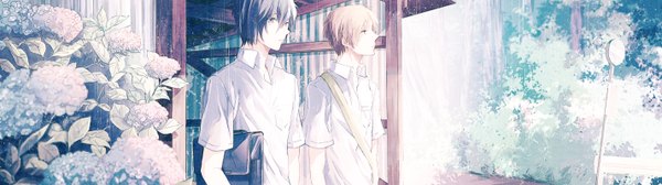 Anime picture 1426x400 with natsume yuujinchou brains base (studio) natsume takashi tanuma kaname oh heyso short hair black hair blonde hair wide image yellow eyes multiple boys rain summer boy uniform flower (flowers) school uniform 2 boys hydrangea