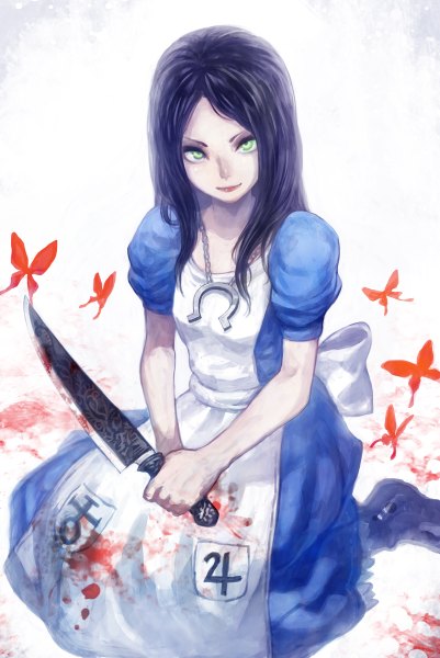 Anime picture 802x1200 with american mcgee's alice (game) alice: madness returns alice (american mcgee's) lack single long hair tall image looking at viewer black hair simple background smile white background sitting green eyes from above girl dress pendant insect butterfly