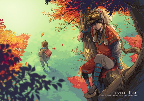 Anime picture 1200x845 with original akru (artist) short hair blue eyes brown hair sitting boy plant (plants) tree (trees) mask autumn leaves