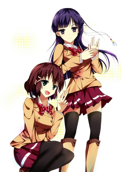 Anime picture 779x1100 with kakumeiki valvrave sunrise (studio) rukino saki sashinami shouko 9ikia (artist) long hair tall image looking at viewer short hair open mouth smile brown hair purple eyes multiple girls green eyes purple hair pleated skirt victory girl thighhighs