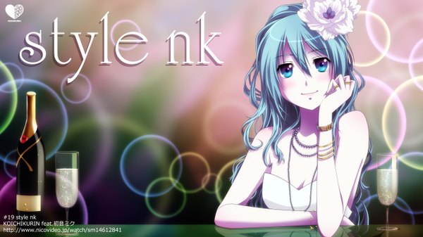 Anime picture 2667x1500 with vocaloid hatsune miku e-megu (artist) long hair blush highres smile wide image hair flower aqua eyes aqua hair girl dress hair ornament bracelet jewelry bottle glass