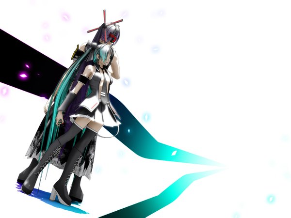 Anime picture 1500x1125 with vocaloid bacterial contamination (vocaloid) hatsune miku kamui gakupo deino twintails bare shoulders purple hair ponytail very long hair aqua hair girl thighhighs boy skirt hair ornament black thighhighs detached sleeves miniskirt shirt