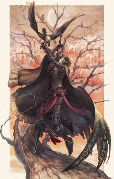 Anime picture 1920x3000 with original pixiv fantasia pixiv fantasia t oca single long hair tall image highres red eyes brown hair horn (horns) border knight boy gloves ribbon (ribbons) weapon plant (plants) hair ribbon animal