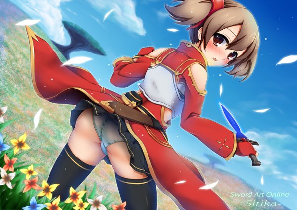 Anime picture 1280x906 with sword art online a-1 pictures silica blush short hair open mouth light erotic red eyes brown hair twintails sky cloud (clouds) looking back copyright name character names short twintails girl thighhighs underwear panties