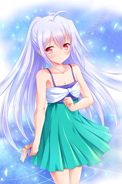 Anime picture 1000x1500 with plastic memories isla (plastic memories) bashen chenyue single long hair tall image blush red eyes standing twintails bare shoulders holding payot looking away silver hair ahoge from above light smile wind sleeveless