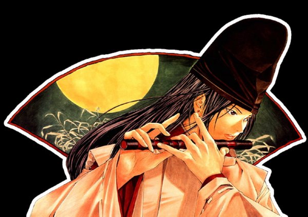 Anime picture 1324x937 with hikaru no go studio pierrot fujiwara no sai single long hair traditional clothes black background boy hat musical instrument flute mosamosa