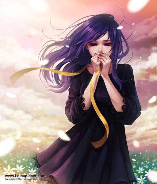 Anime picture 700x820 with original loina single long hair tall image purple eyes signed looking away pink hair sky purple hair cloud (clouds) nail polish multicolored hair wind gradient hair field girl dress flower (flowers)