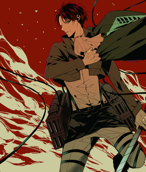 Anime picture 1700x2000 with shingeki no kyojin production i.g levi (rivaille) bambino single tall image short hair simple background red hair red background boy uniform weapon sword belt wire (wires) neckerchief
