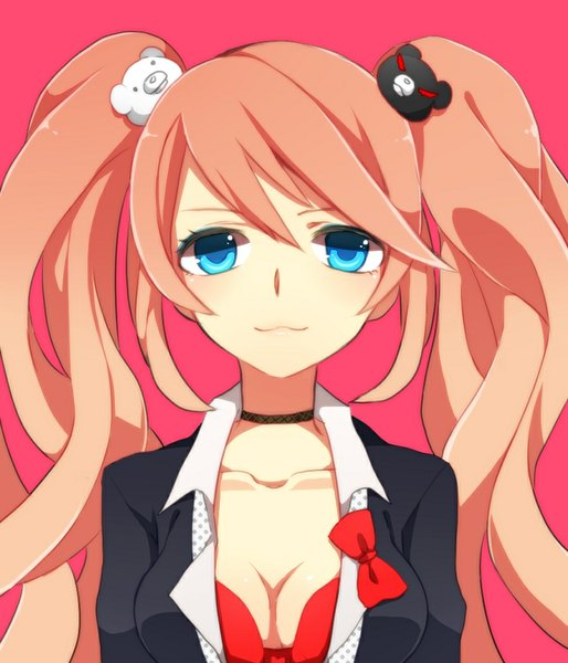 Anime picture 900x1050 with dangan ronpa enoshima junko zaki (artist) single long hair tall image looking at viewer blue eyes simple background twintails pink hair cleavage lips lipstick wavy hair partially open clothes :3 girl uniform hair ornament