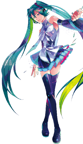Anime picture 760x1321 with vocaloid hatsune miku hatsune miku (vocaloid3) zain single tall image looking at viewer fringe smile twintails bare shoulders full body very long hair nail polish pleated skirt multicolored hair aqua eyes green hair wind aqua hair