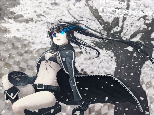 Anime picture 1600x1200 with black rock shooter black rock shooter (character) cloverpeia single long hair blue eyes black hair sitting twintails light smile midriff cherry blossoms glowing flat chest glowing eye (eyes) pale skin front-tie top checkered background girl gloves