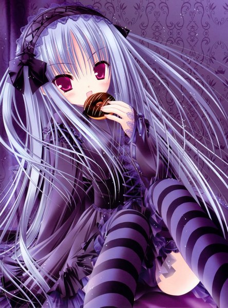 Anime picture 4604x6210 with tsukiyo no fromage tinker bell single long hair tall image highres red eyes blue hair absurdres scan loli eating lolita fashion girl thighhighs dress food frills headdress striped thighhighs