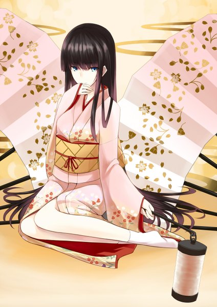 Anime picture 1000x1414 with original kauto single long hair tall image looking at viewer blue eyes black hair traditional clothes japanese clothes girl kimono obi