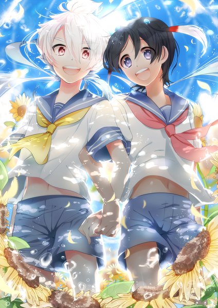 Anime picture 1500x2121 with inazuma eleven inazuma eleven go shuu (inazuma eleven) hakuryuu (inazuma eleven) maneki-neko (fujifuji) tall image looking at viewer short hair open mouth black hair red eyes purple eyes sky white hair multiple boys bare belly from below holding hands summer boy